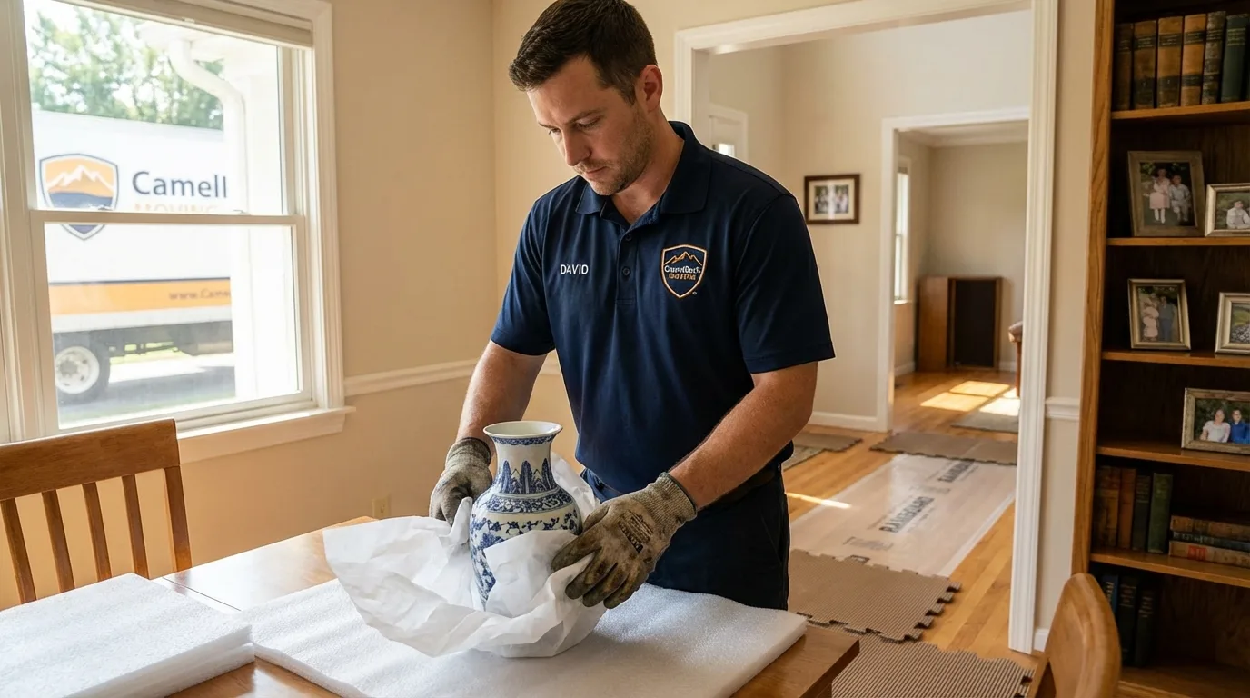 Professional crew carefully wrapping antique vase for senior downsizing move in Social Circle, GA